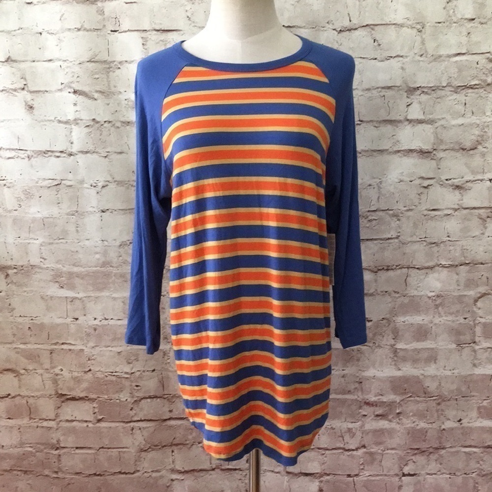 LuLaRoe RANDY Raglan Baseball T Orange Blue Stripe